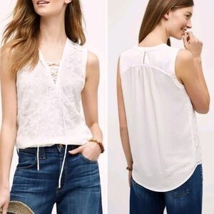 Anthropologie Maeve Floral Embroidered Lace Up Sleeveless Blouse White 6